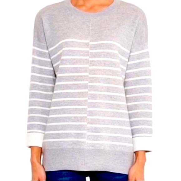 Vince Gray and White Striped Scoop Neck Wool Sweater Cuffed Sleeves Size XS - Picture 4 of 8